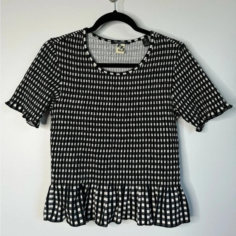 Scotch & Soda Black and White Gingham Peplum Short Sleeve Top